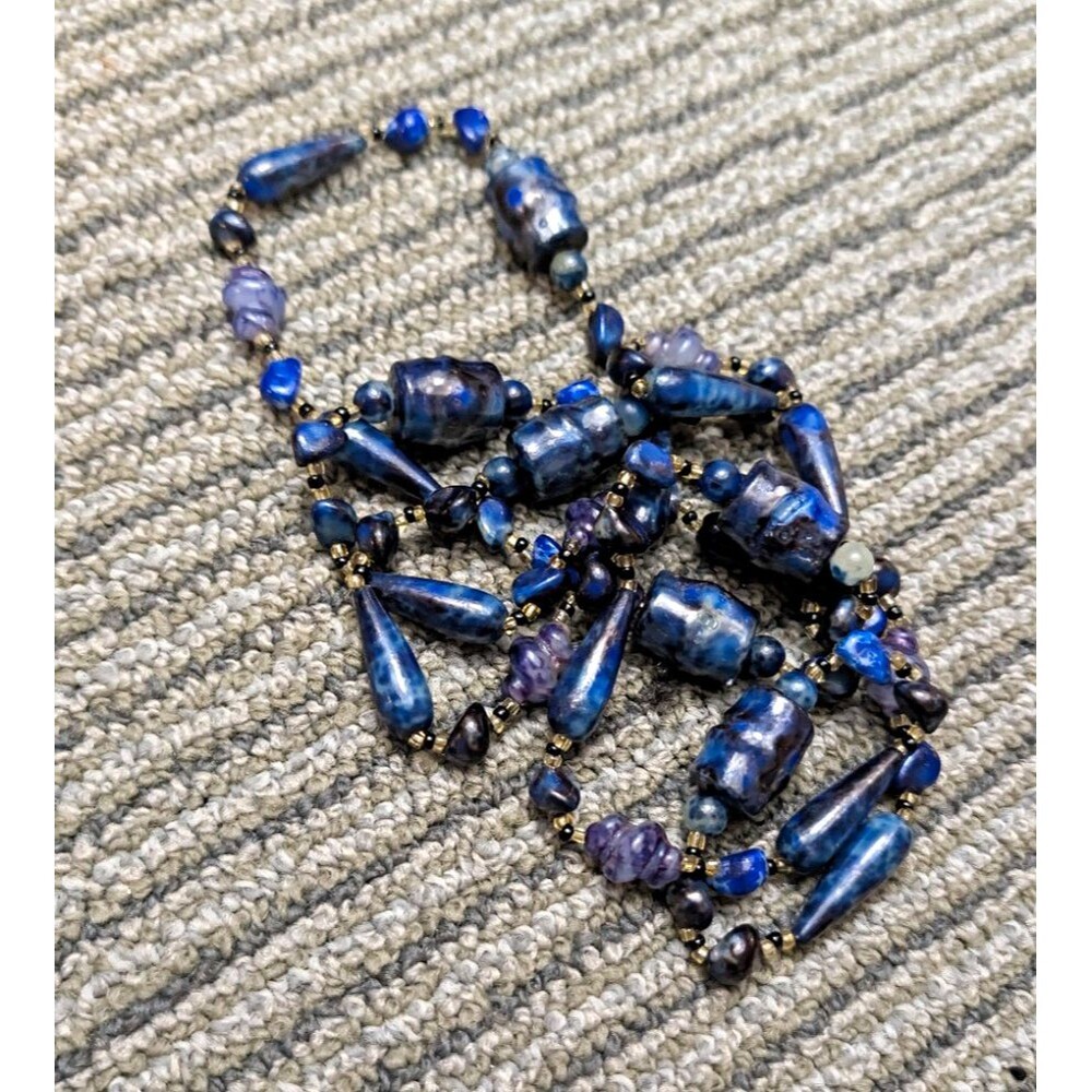 Vintage Artisan Handcrafted Cobalt Blue & Purple Glazed Ceramic Statement Neckla